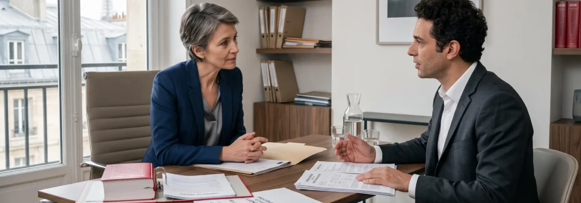 Avocat spécialisé en droit du travail en consultation avec un client dans un cabinet parisien moderne, Code du travail et dossiers juridiques ouverts sur le bureau