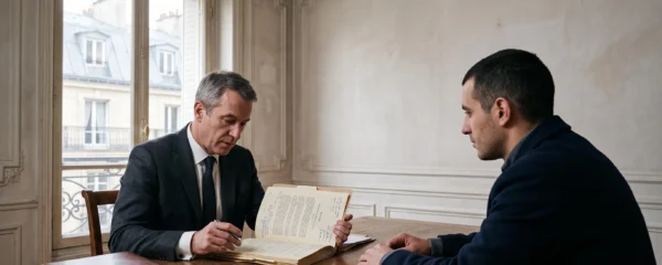 Un avocat en costume sombre examine un dossier pénal avec son client dans une salle de consultation parisienne.