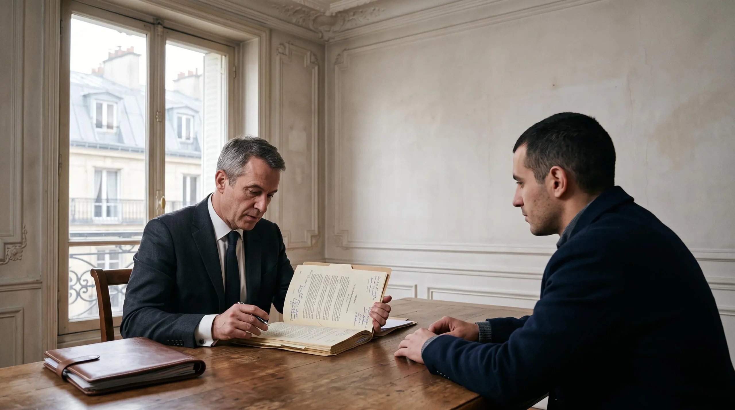 Un avocat en costume sombre examine un dossier pénal avec son client dans une salle de consultation parisienne.