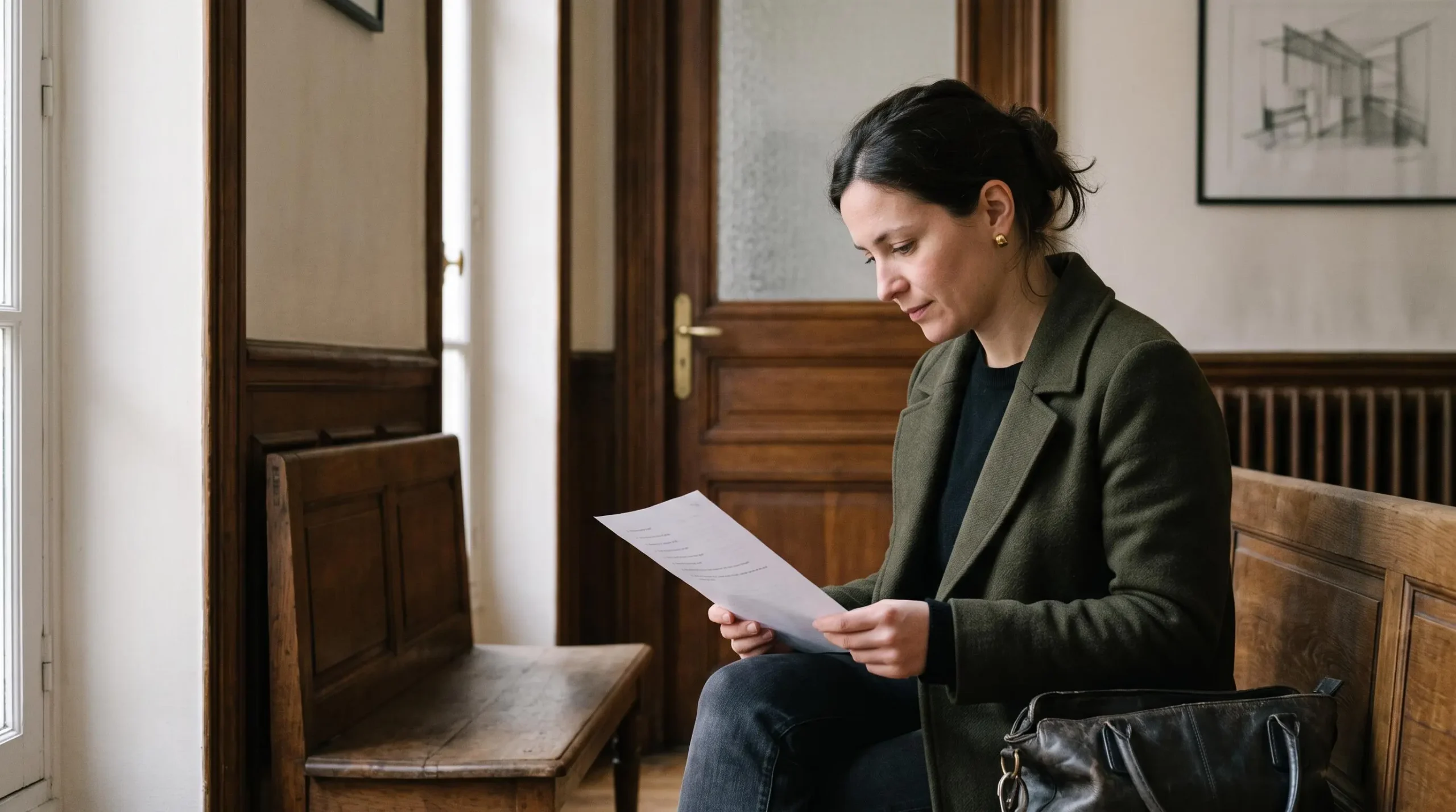 Une femme assise dans le hall d'un cabinet d'avocats parisien relit une liste de questions avant son rendez-vous.