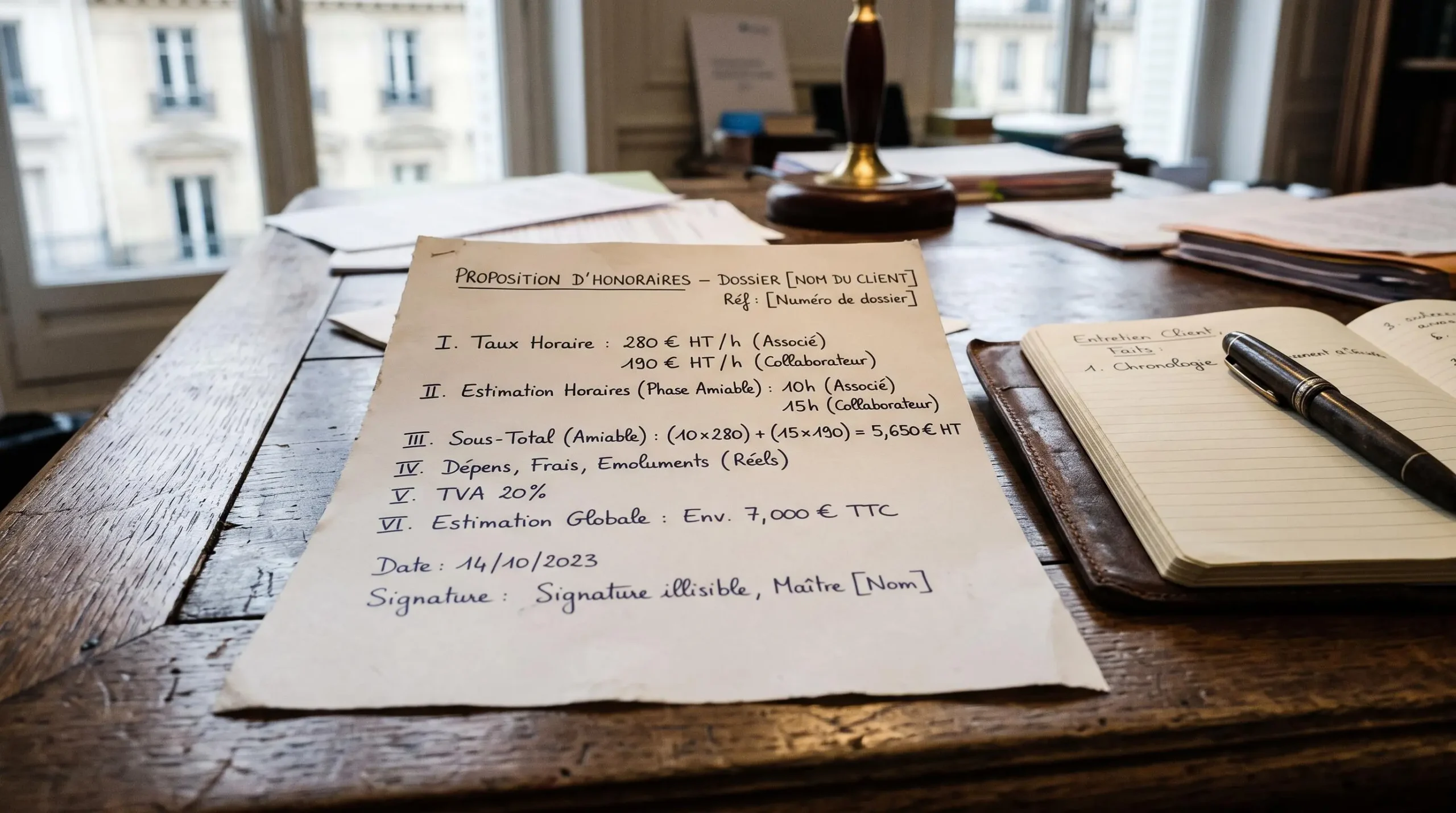 Une lettre d'honoraires manuscrite posée sur un bureau, une main en train de la relire.